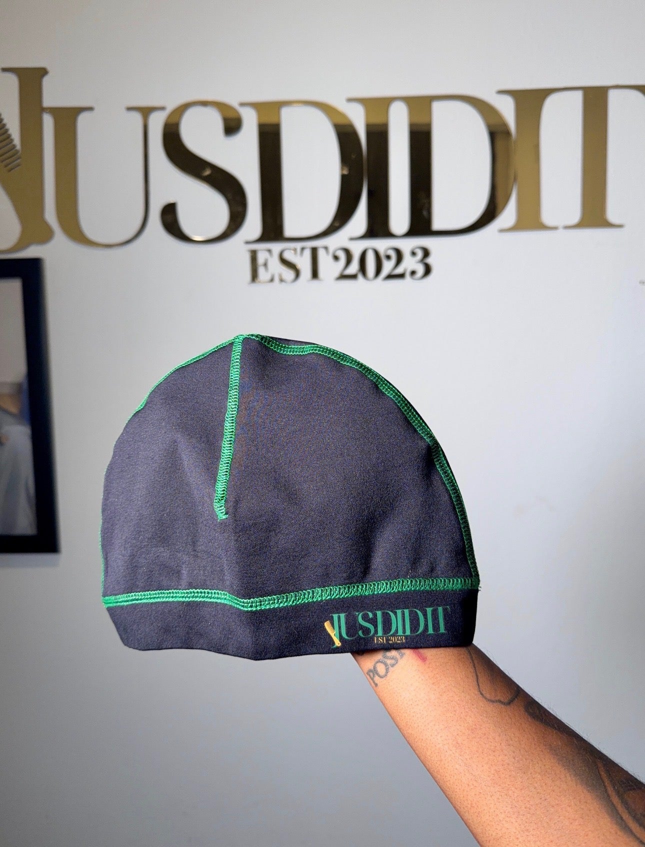 JusDidIt Black Satin Cap | Green Trim